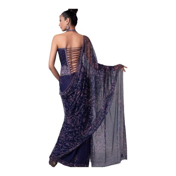 Sari & Corset two piece set. Dark purple & lilac contrast pattern. NWOT - Picture 2 of 7